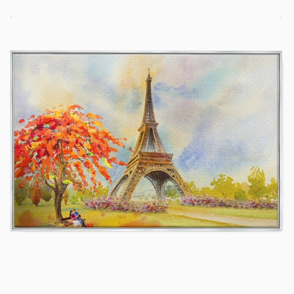 Tablou canvas cu pictura cu turnul eiffel si indragostiti, in rama de aluminiu argintiu